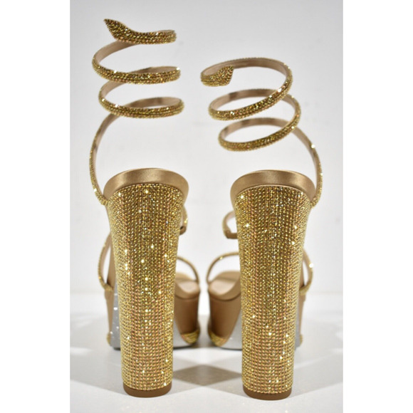 Rene Caovilla Cleo Gold Platform Crystal Wrap Strap Sandal Block Heel Pump 37.5 - Picture 11 of 12
